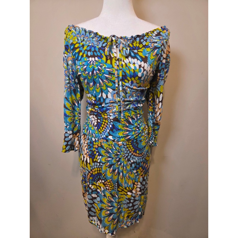 Joyous & Free Psychedelic Floral Beaded Off Shoulder Mini Dress Blue Green Small